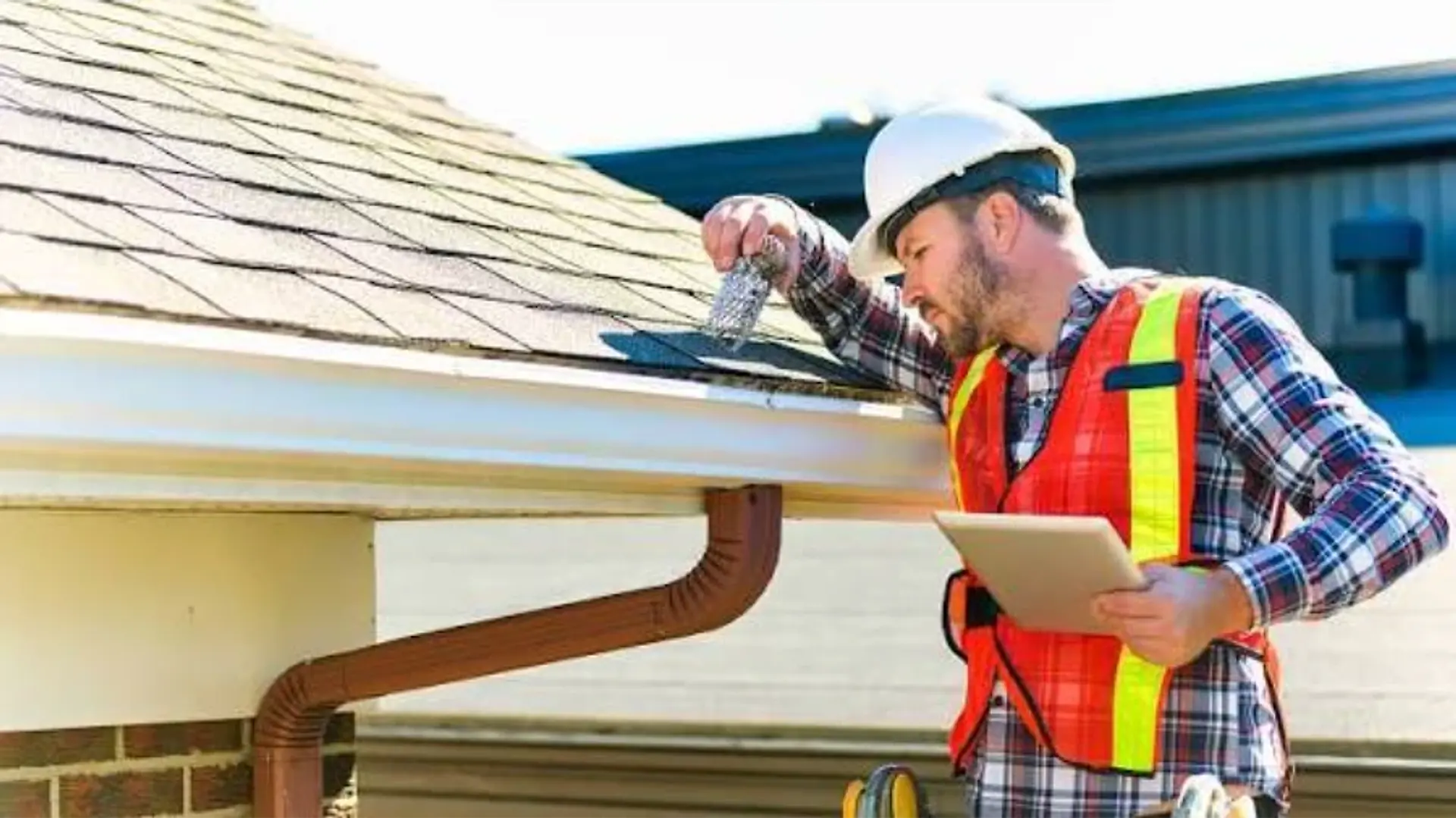 Roof inspector checking shingle granules from the gutter and recording findings on a tablet